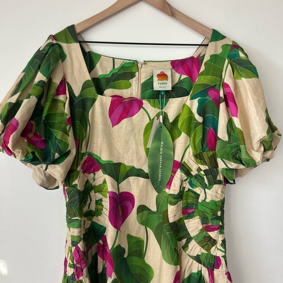 NWT Farm Rio Anthurium Leaves Linen Blend Short-Sleeve Square-Neck Dress - Picture 5 of 7